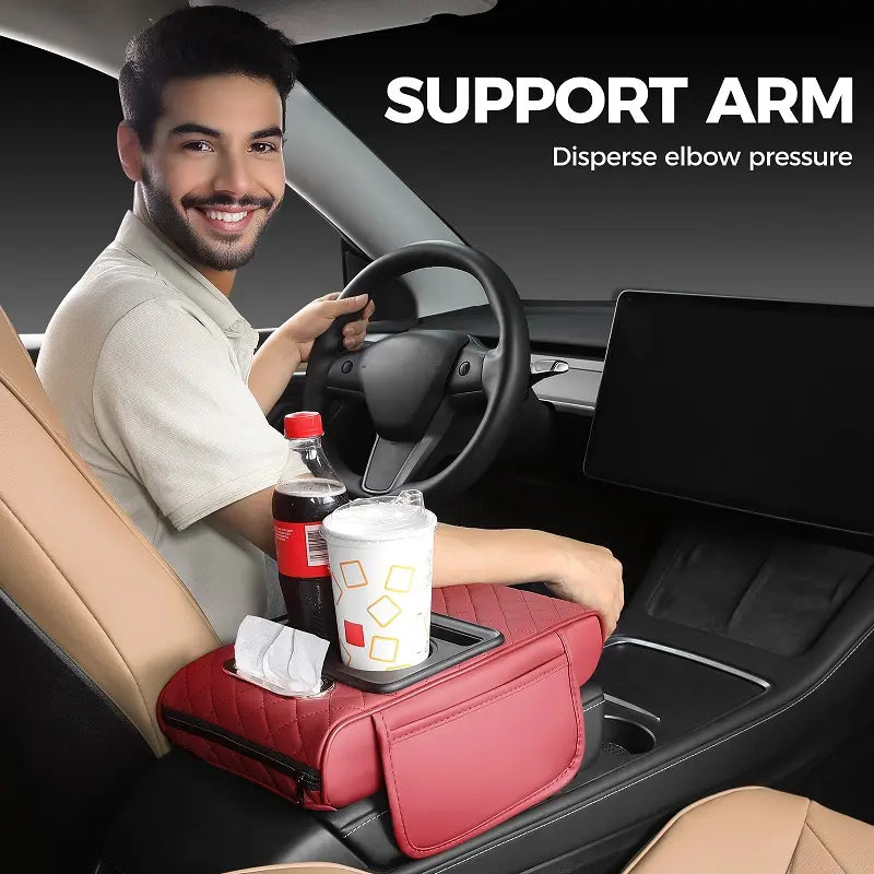 【FREESOO】Multifunctional PU Leather Car Armrest Box Mat with Central Elbow Heightening Pad Storage Box Cup Holder & Car Tissue Box Auto Interior Accessories