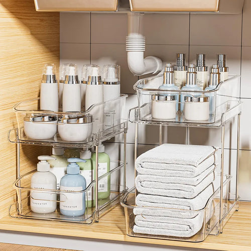 Delamu 2-Tier Under Sink Organizers and Storage, Multi-Purpose Stackable Bathroom Cabinet organizers, Pull Out Kitchen Pantry Organization and Storage with Dividers