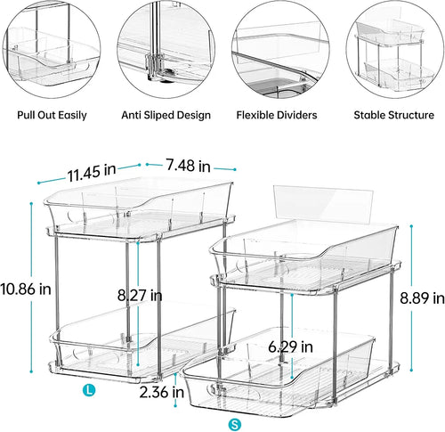 Delamu 2-Tier Under Sink Organizers and Storage, Multi-Purpose Stackable Bathroom Cabinet organizers, Pull Out Kitchen Pantry Organization and Storage with Dividers