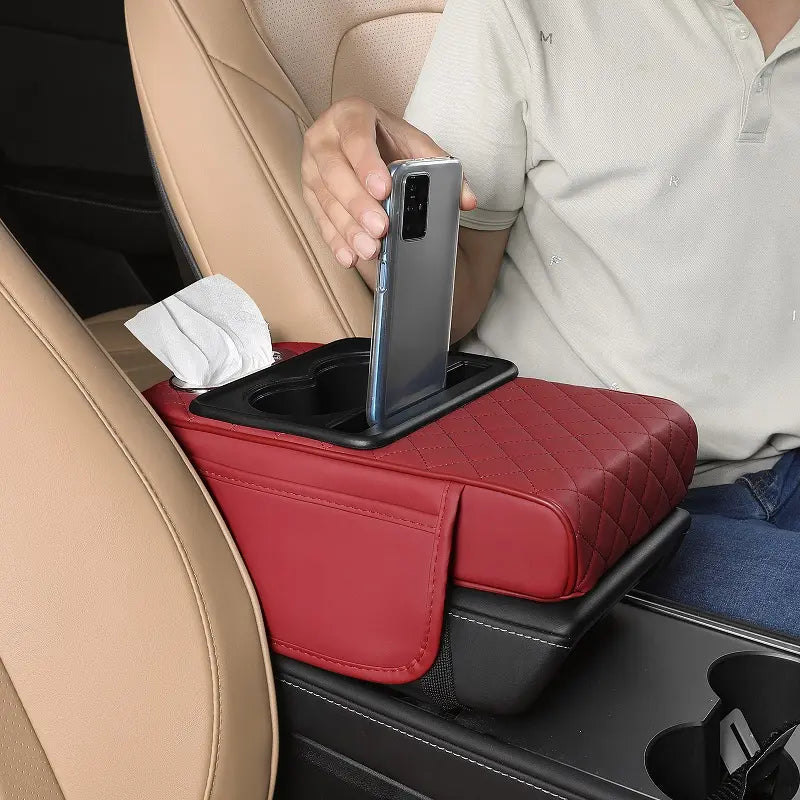【FREESOO】Multifunctional PU Leather Car Armrest Box Mat with Central Elbow Heightening Pad Storage Box Cup Holder & Car Tissue Box Auto Interior Accessories