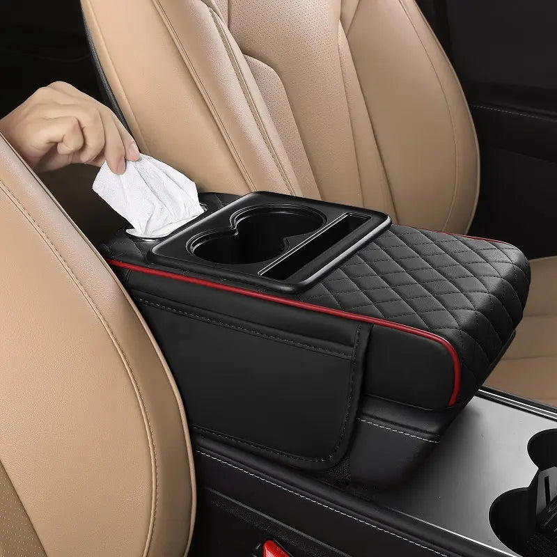 【FREESOO】Multifunctional PU Leather Car Armrest Box Mat with Central Elbow Heightening Pad Storage Box Cup Holder & Car Tissue Box Auto Interior Accessories